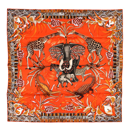 Hermes Silk La Marche Du Zambeze Scarf 90 Orange Brun Caramel 1 of 3