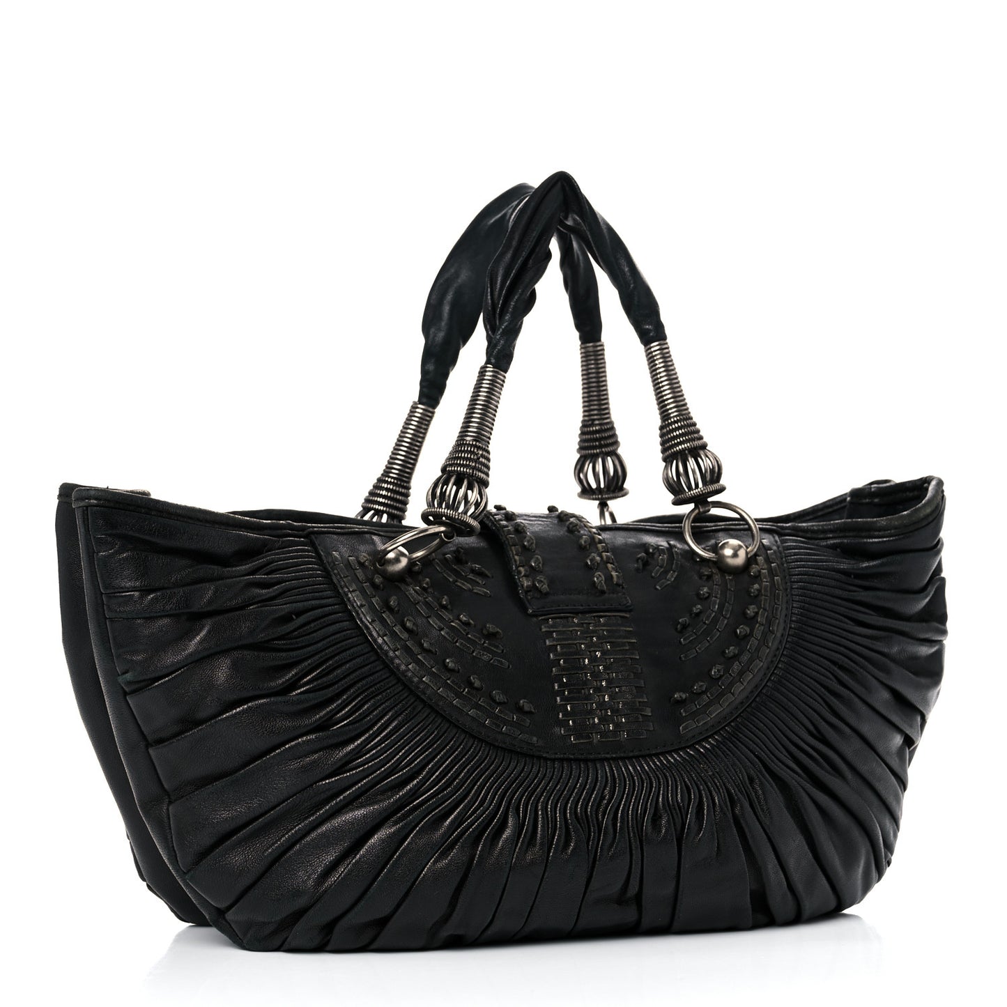 Lambskin Plisse Pleated Basket Tote Bag Black