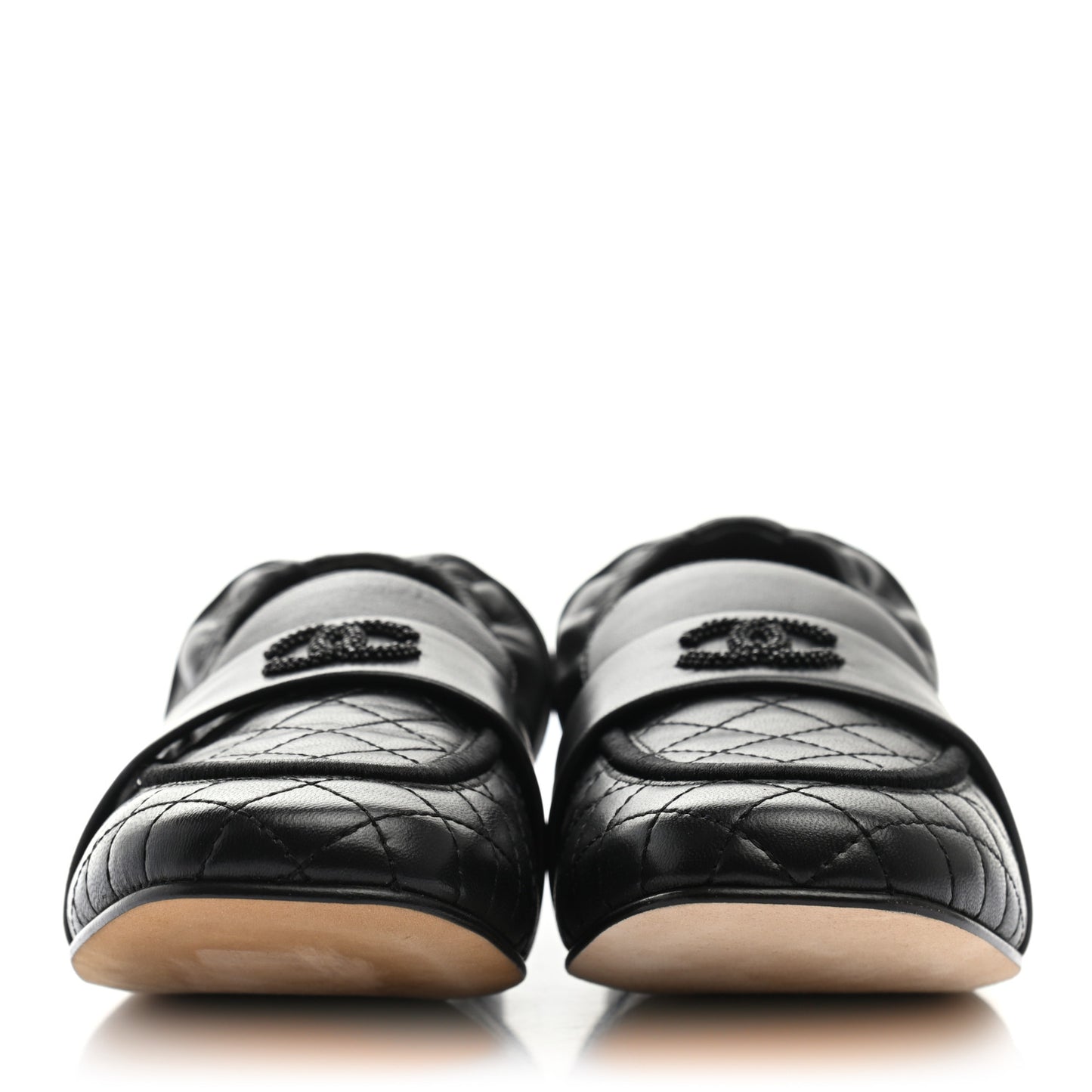 Laminated Lambskin Womens Quilted Elastic CC Moccasin Loafers 37 Black