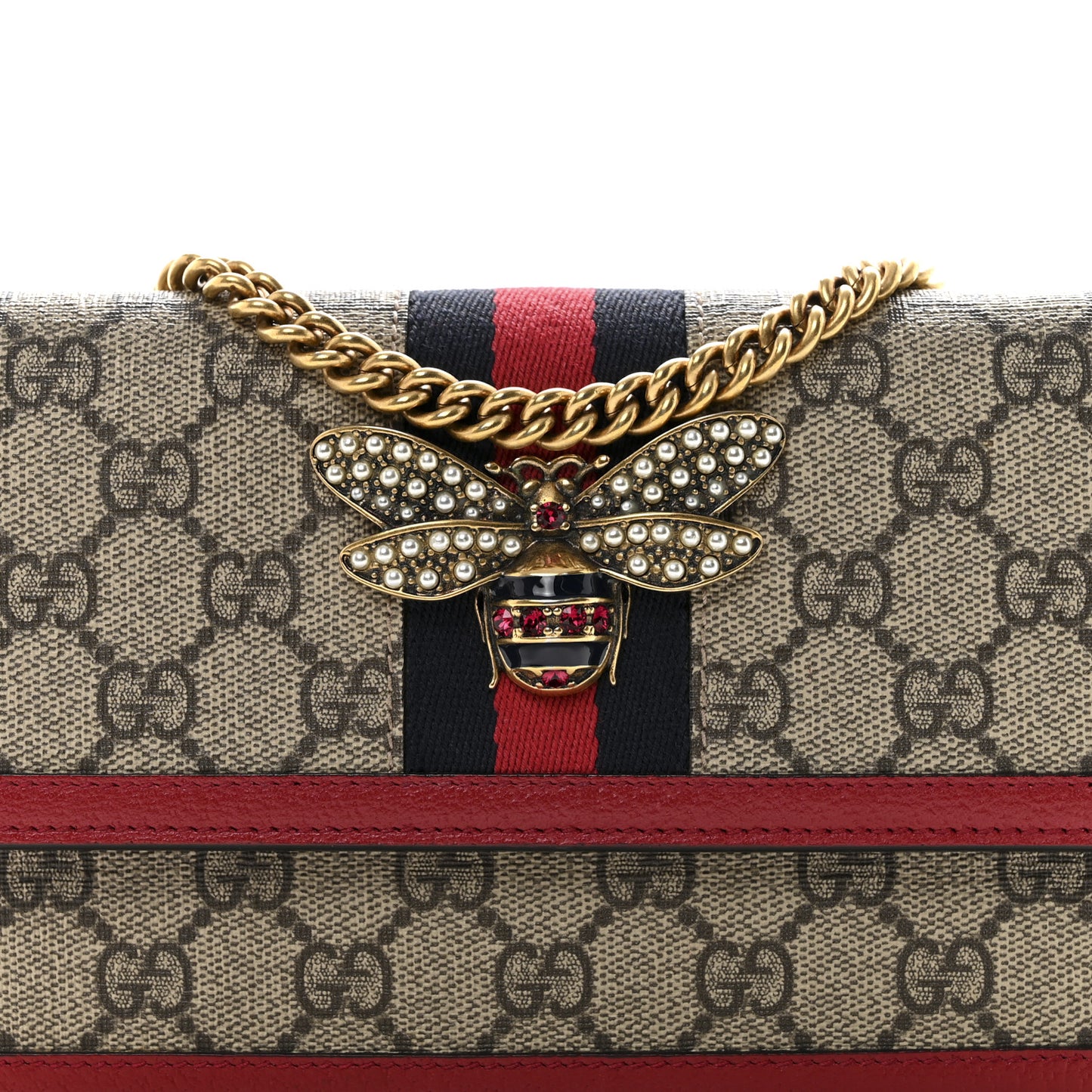 GG Supreme Monogram Web Queen Margaret Chain Wallet Red