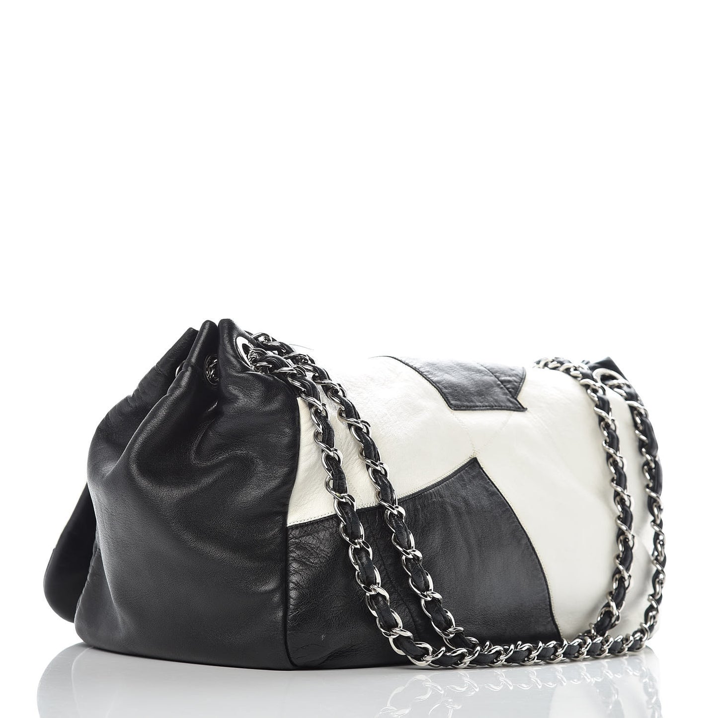 Lambskin Patchwork Accordion Flap Black White