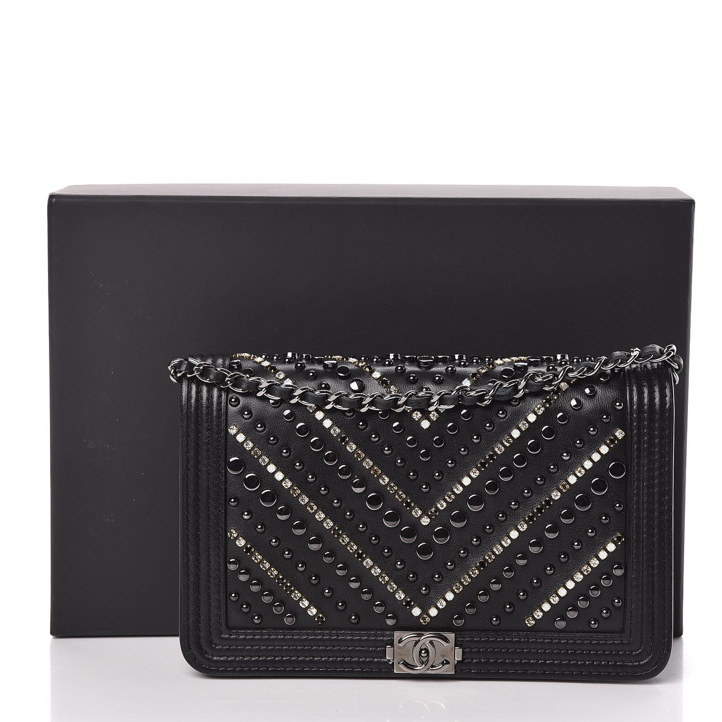 Calfskin Crystal Studded Chevron Boy Wallet On Chain WOC Black
