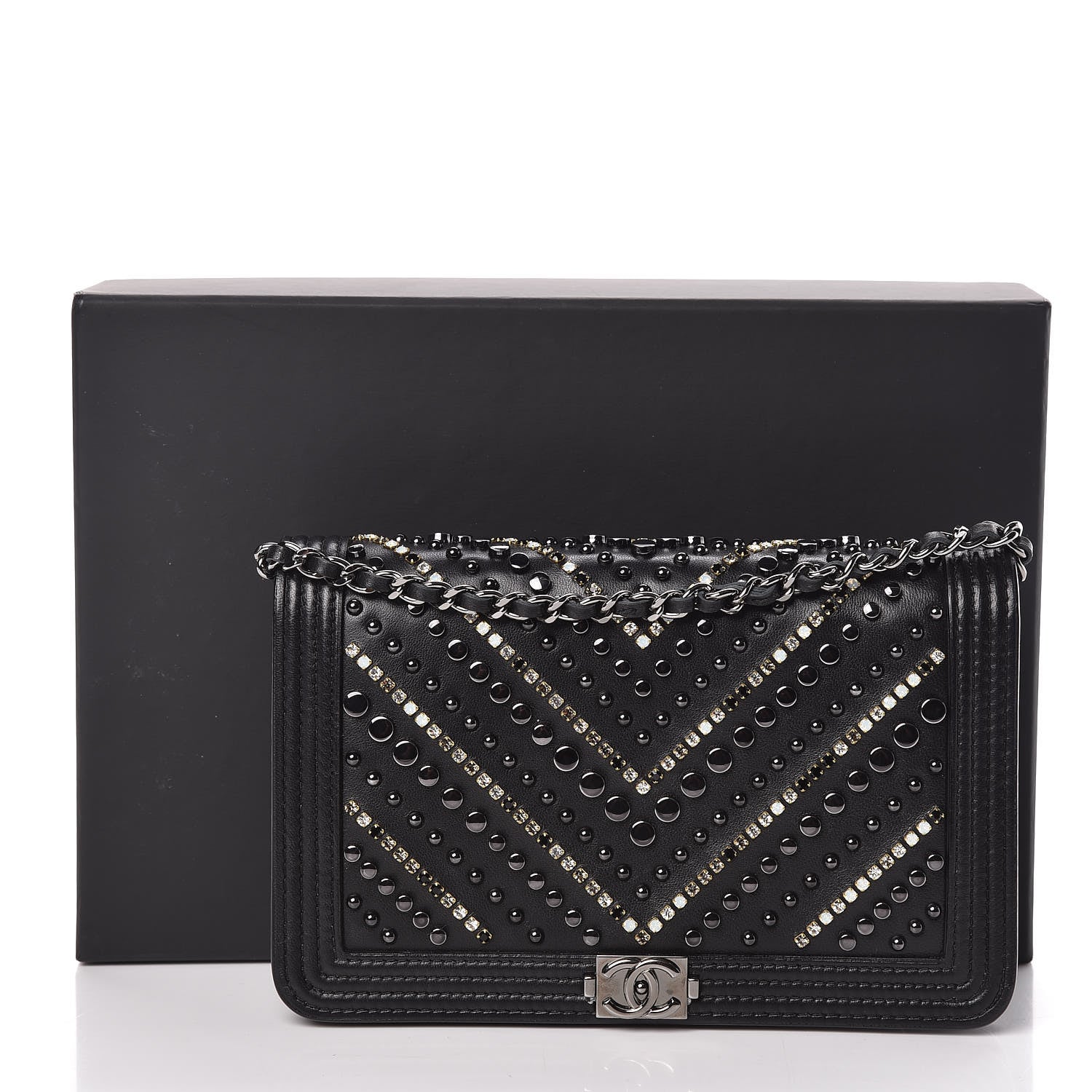 Chanel Calfskin Crystal Studded Chevron Boy Wallet On Chain WOC Black 17 of 17