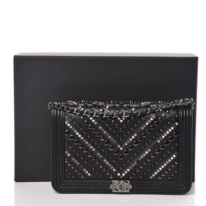 Chanel Calfskin Crystal Studded Chevron Boy Wallet On Chain WOC Black 17 of 17