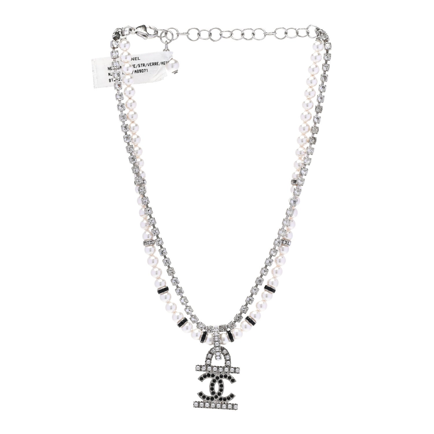 Chanel Pearl Crystal CC Choker Necklace Silver White Black 3 of 6