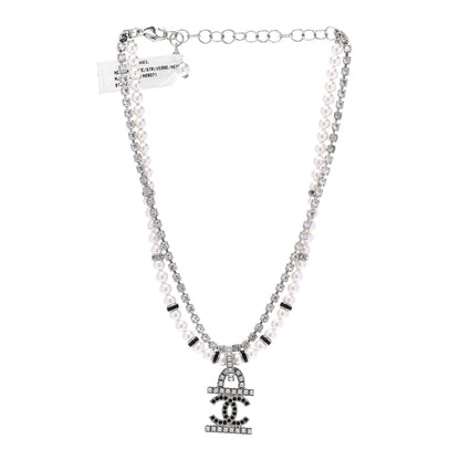 Chanel Pearl Crystal CC Choker Necklace Silver White Black 3 of 6