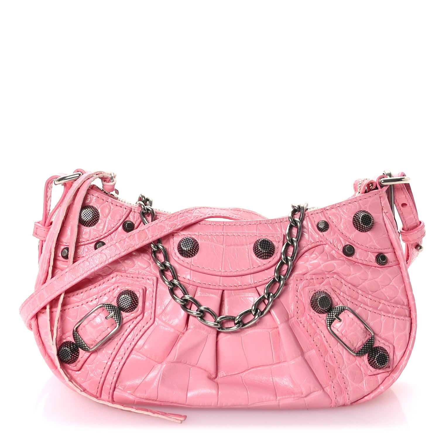 Balenciaga Extra Supple Calfskin Crocodile Embossed Le Cagole Mini Purse With Chain Sweet Pink 1 of 11