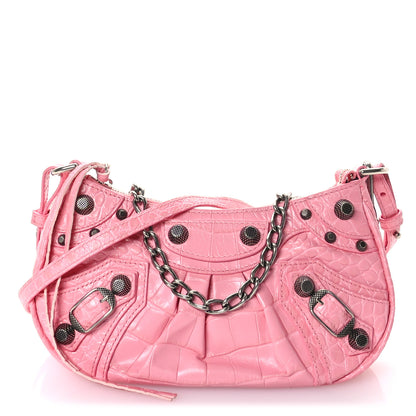 Balenciaga Extra Supple Calfskin Crocodile Embossed Le Cagole Mini Purse With Chain Sweet Pink 1 of 11