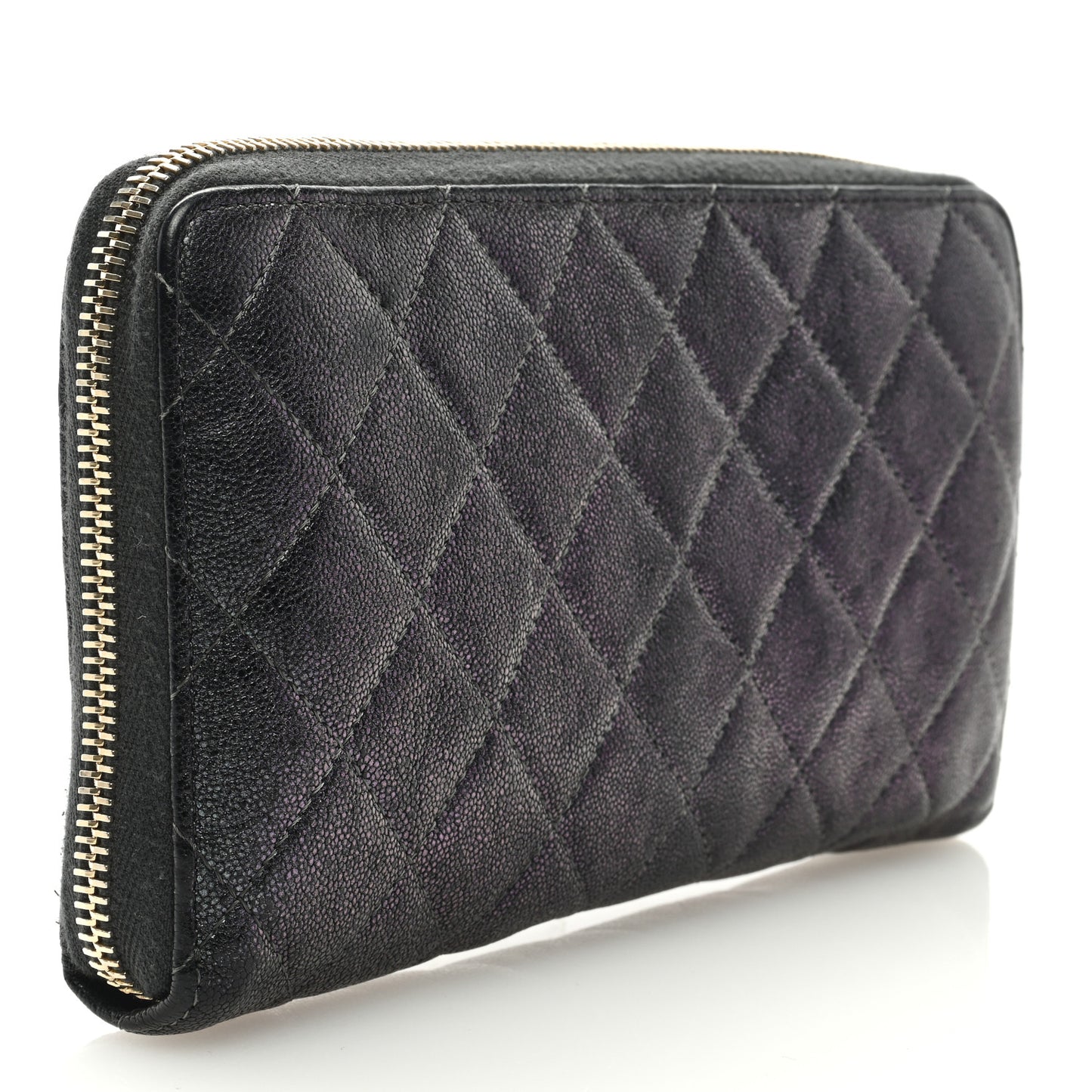 Iridescent Caviar Quilted Large Zip Around Organizer Wallet Black