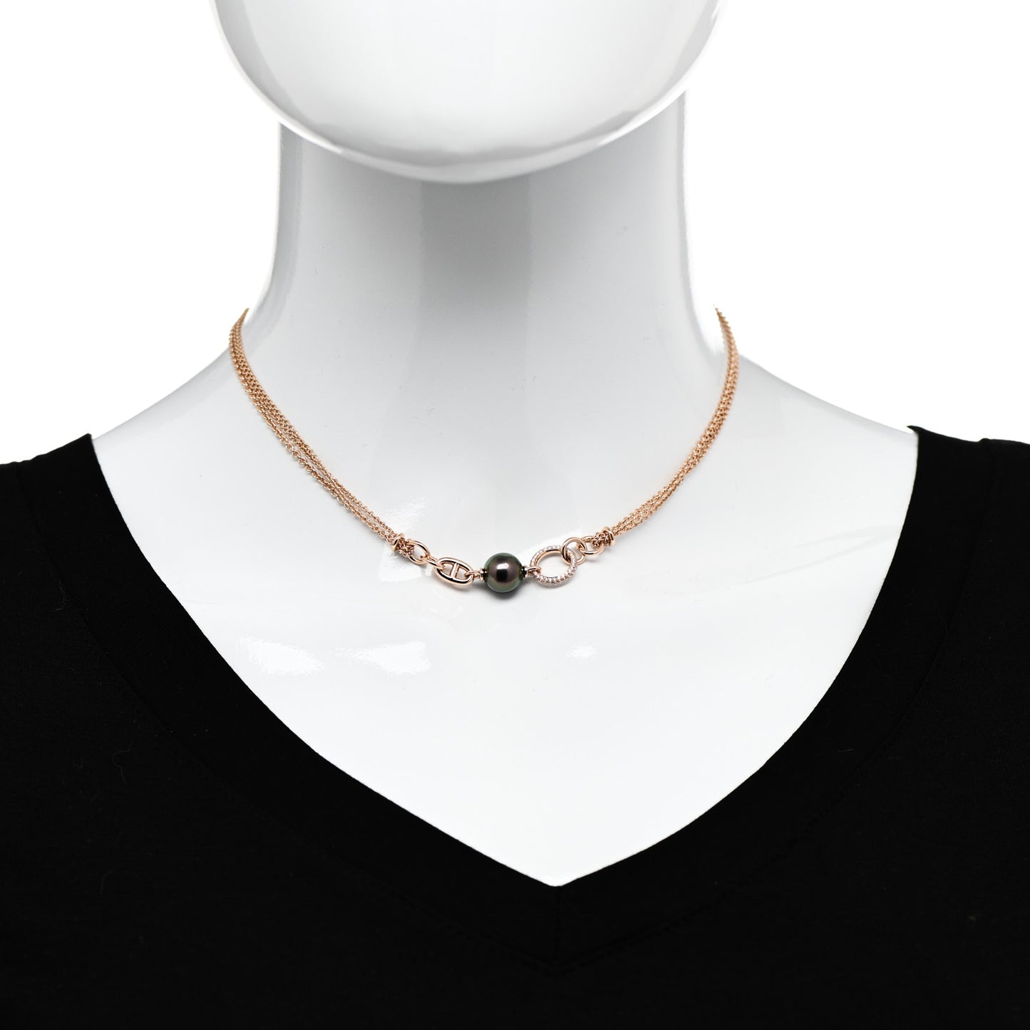 18K Rose Gold Diamond Black Tahitian Pearl Albertine Necklace