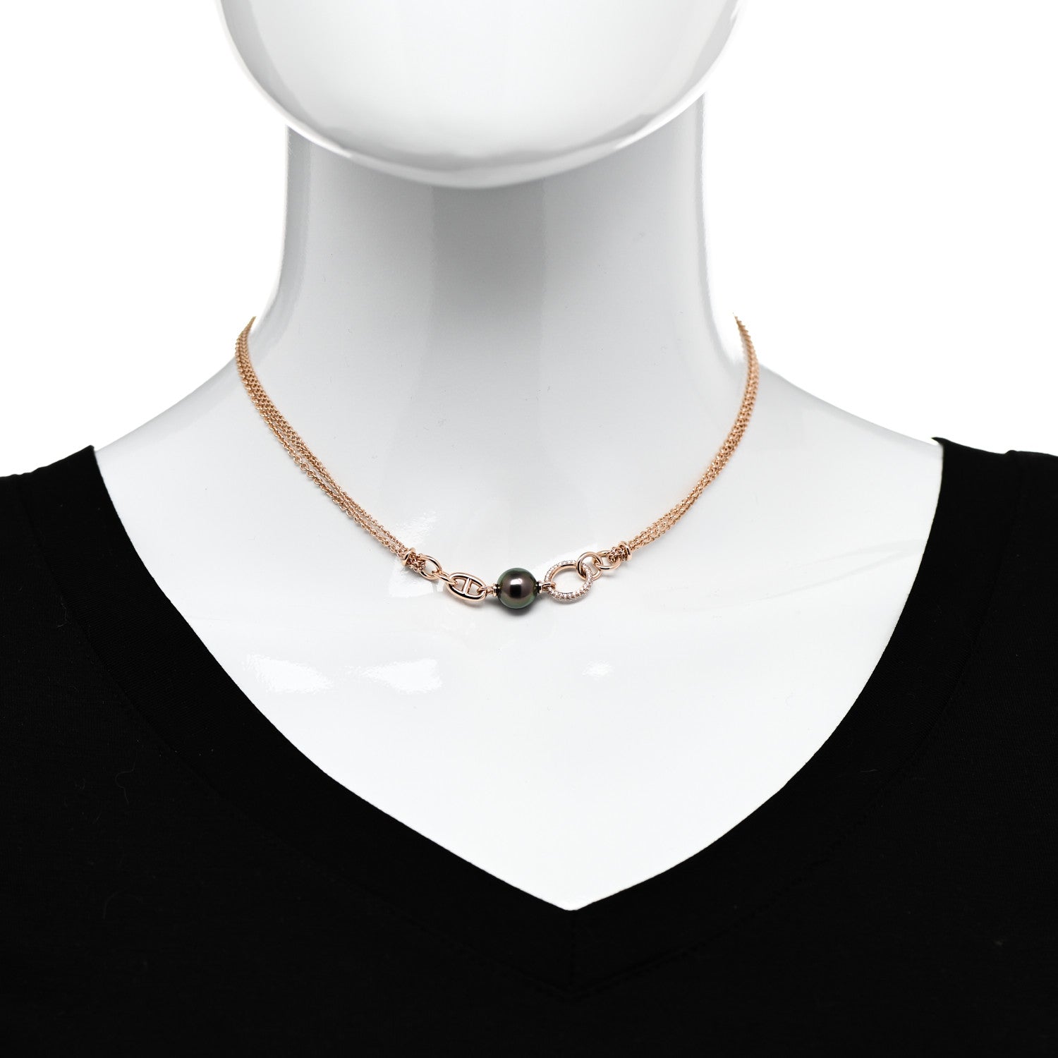 Hermes 18K Rose Gold Diamond Black Tahitian Pearl Albertine Necklace 2 of 5