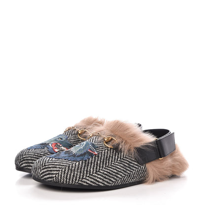 Gucci Herringbone Fur Wolf Mens Horsebit River Slingback Slippers 7 Black White 3 of 11