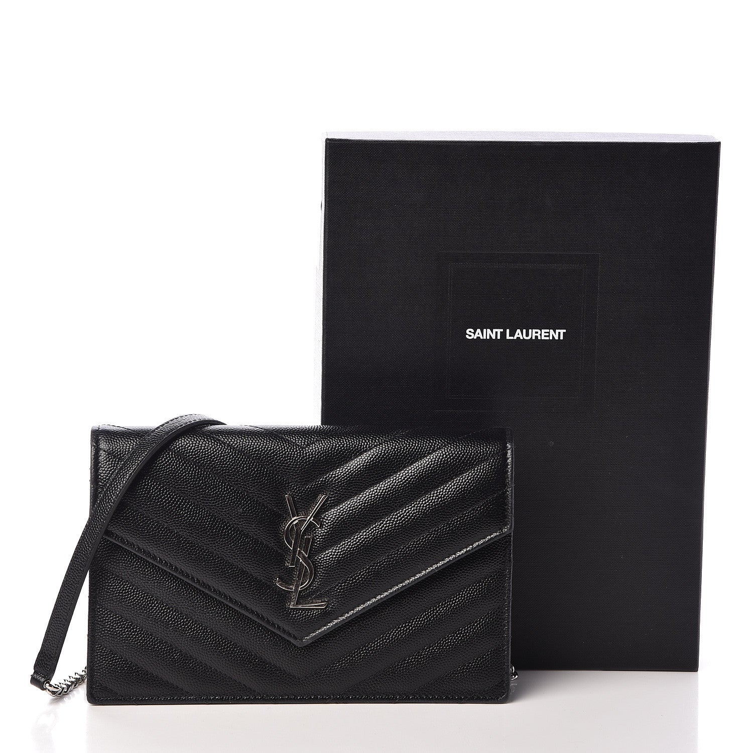 Saint Laurent Grain De Poudre Matelasse Chevron Monogram Envelope Chain Wallet Black 10 of 10