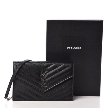 Saint Laurent Grain De Poudre Matelasse Chevron Monogram Envelope Chain Wallet Black 10 of 10