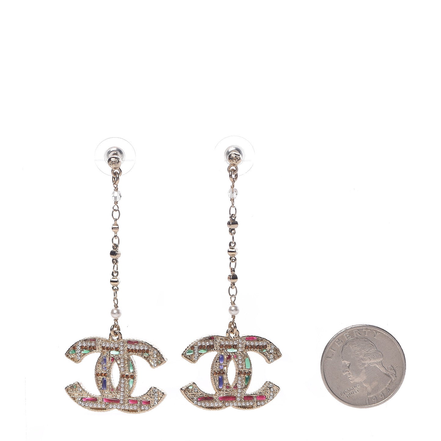 Pearl Crystal CC Tweed Drop Earrings Gold Brown Green