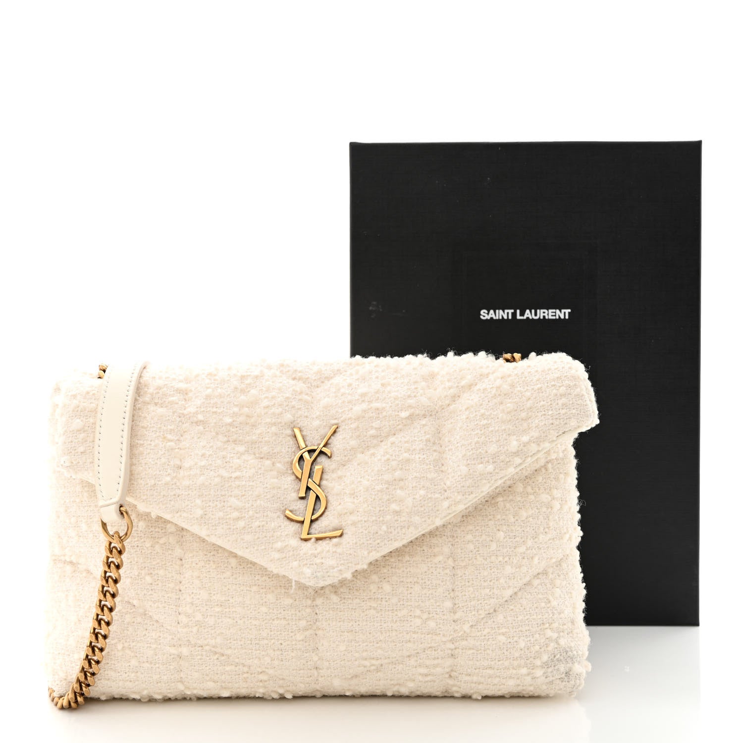 Saint Laurent Boucle Tweed Quilted Toy Loulou Puffer Monogram Chain Satchel Crema Soft 11 of 11