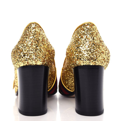 Gucci Glitter Nappa Web Peyton 75mm Loafer Pumps 38.5 Oro Vecchio 7 of 11