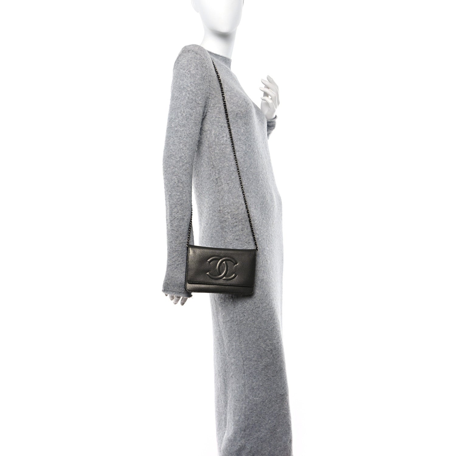 Chanel Metallic Caviar Timeless CC Wallet On Chain WOC Grey 2 of 11