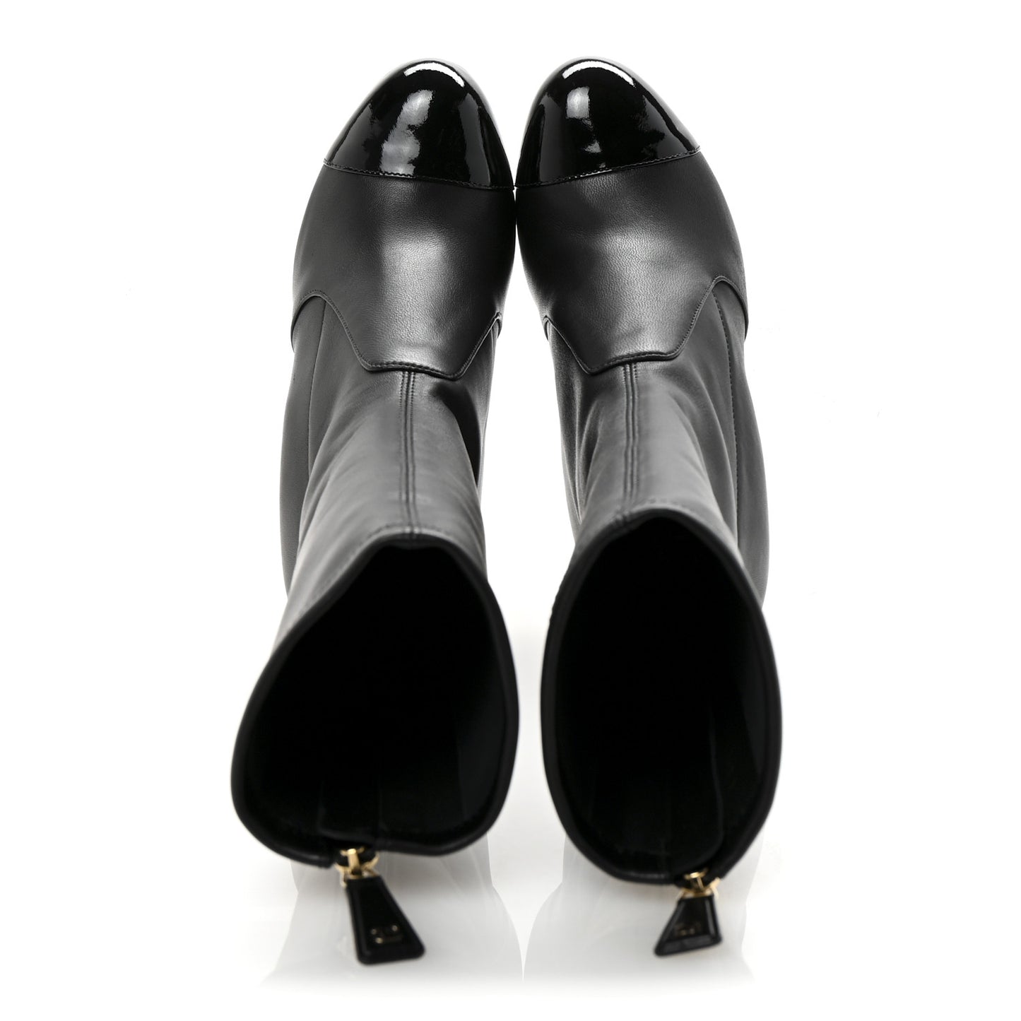 Stretch Lambskin Patent Cap Toe Pearl Ball Mid Calf Boots 35 Black