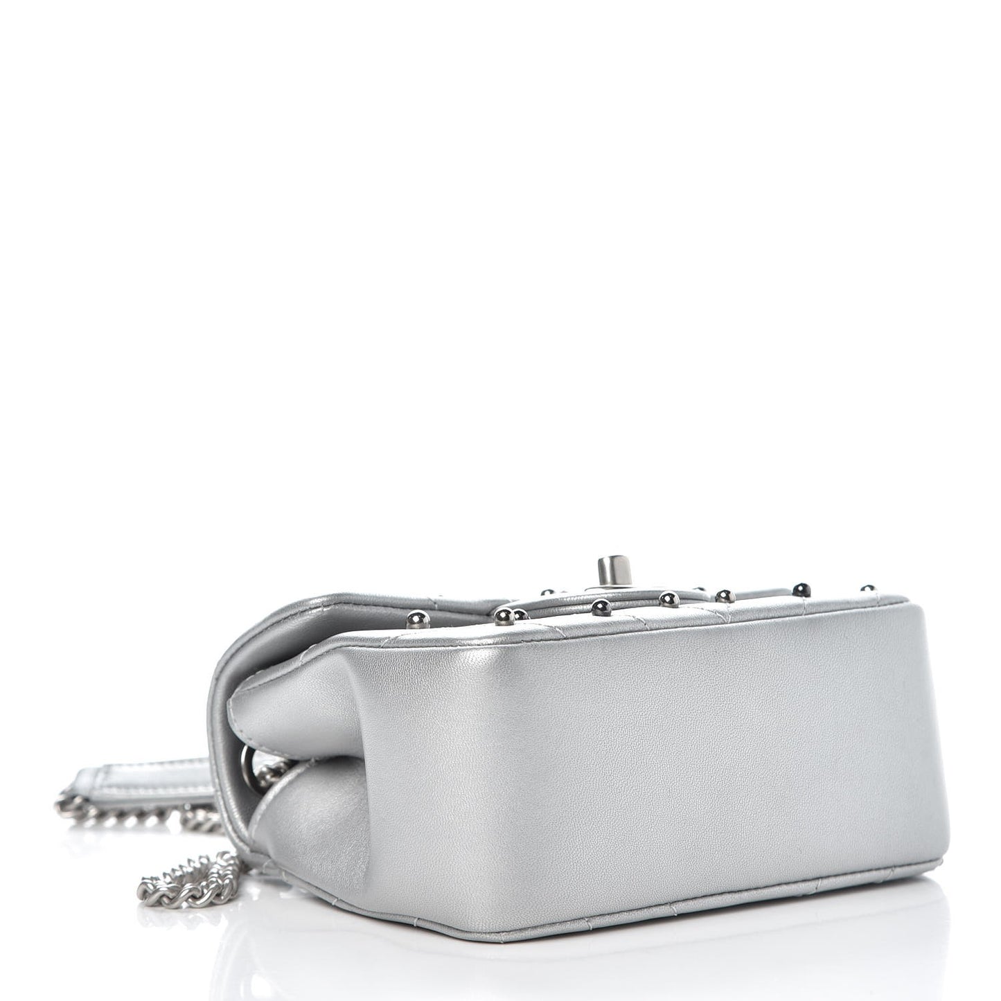 Metallic Lambskin Chevron Quilted Studded Mini Flap Silver