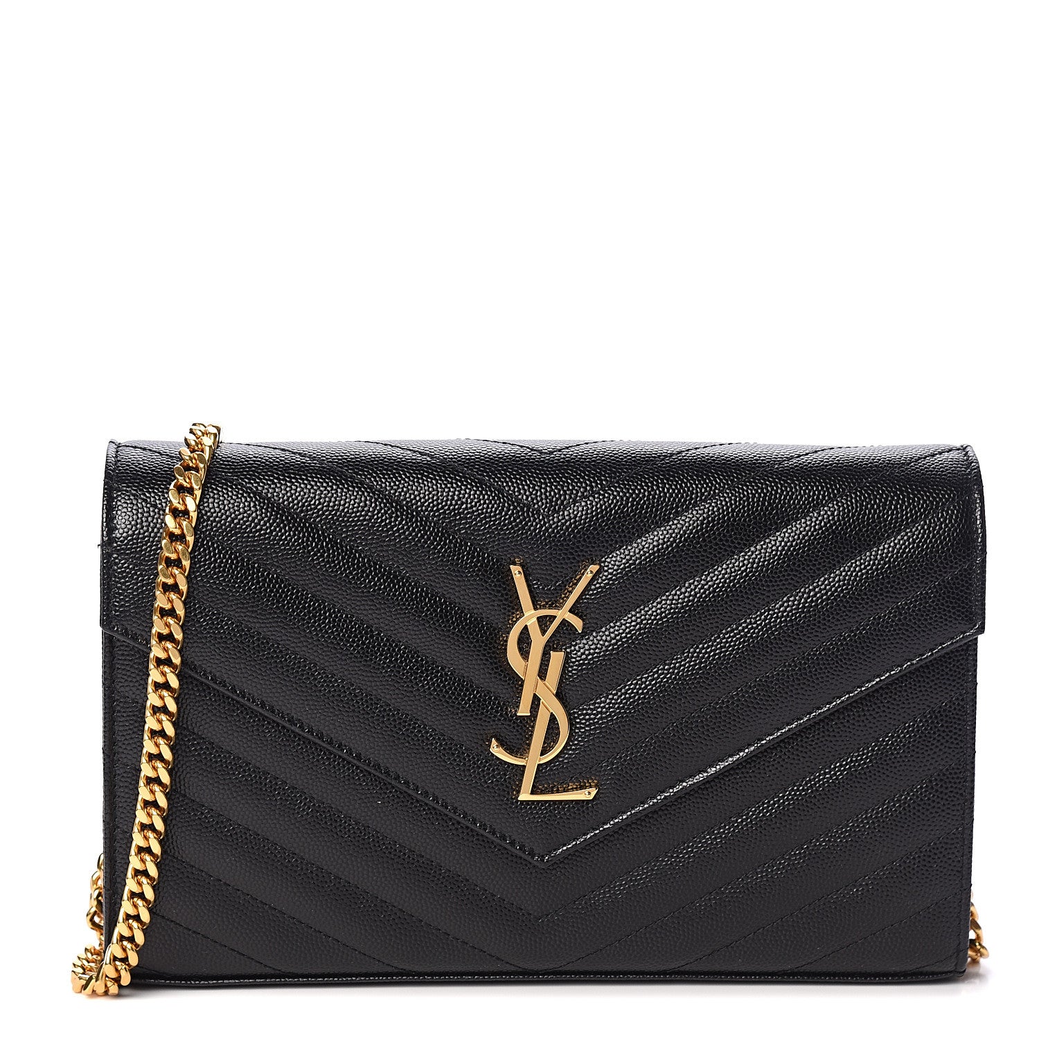 Saint Laurent Grain De Poudre Matelasse Chevron Monogram Chain Wallet Black 1 of 10