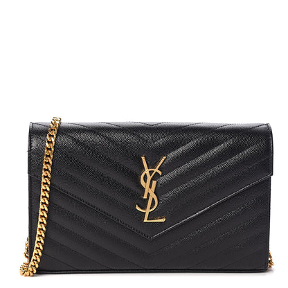 Saint Laurent Grain De Poudre Matelasse Chevron Monogram Chain Wallet Black 1 of 10