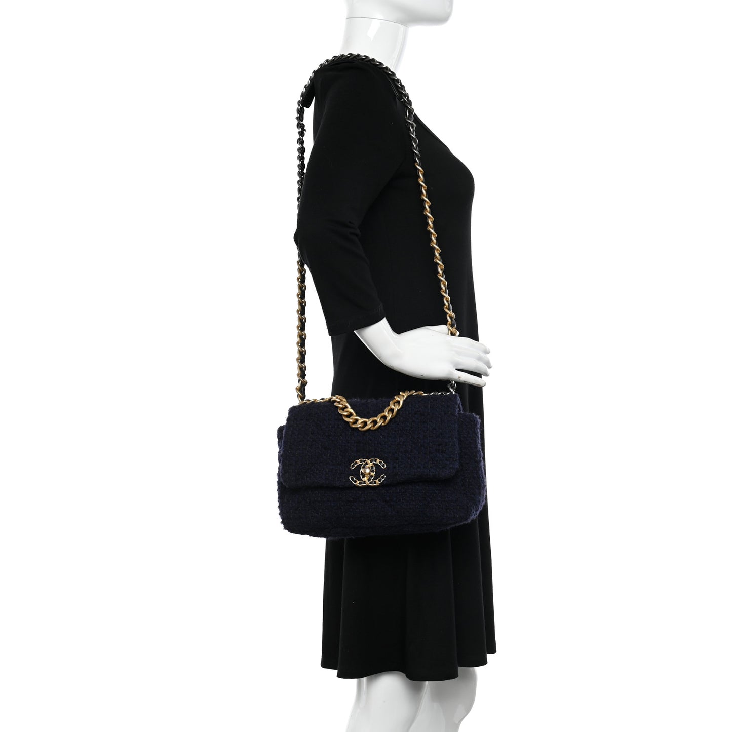 Tweed Quilted Medium Chanel 19 Flap Navy Blue Black