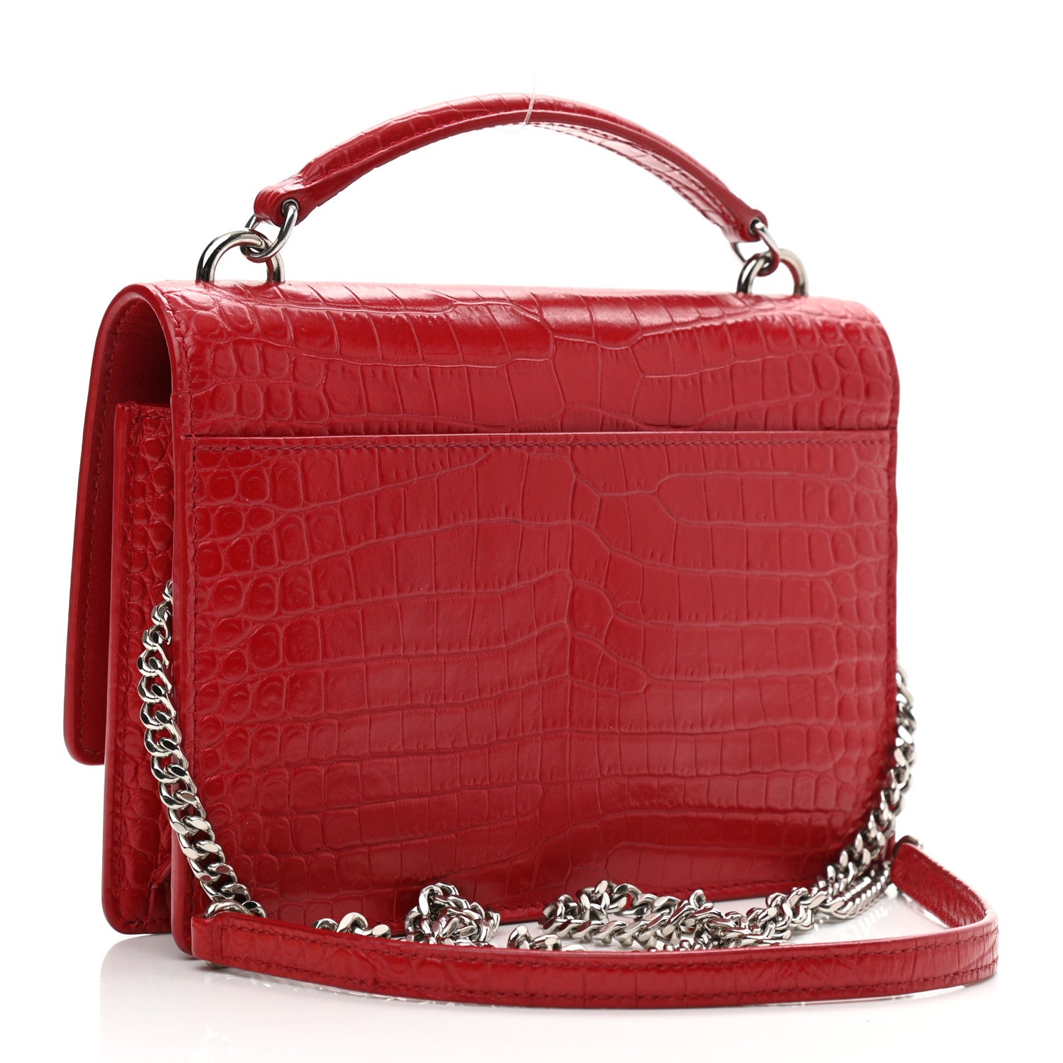 Saint Laurent Calfskin Crocodile Embossed Monogram Sunset Chain Wallet Rouge Eros 3 of 17