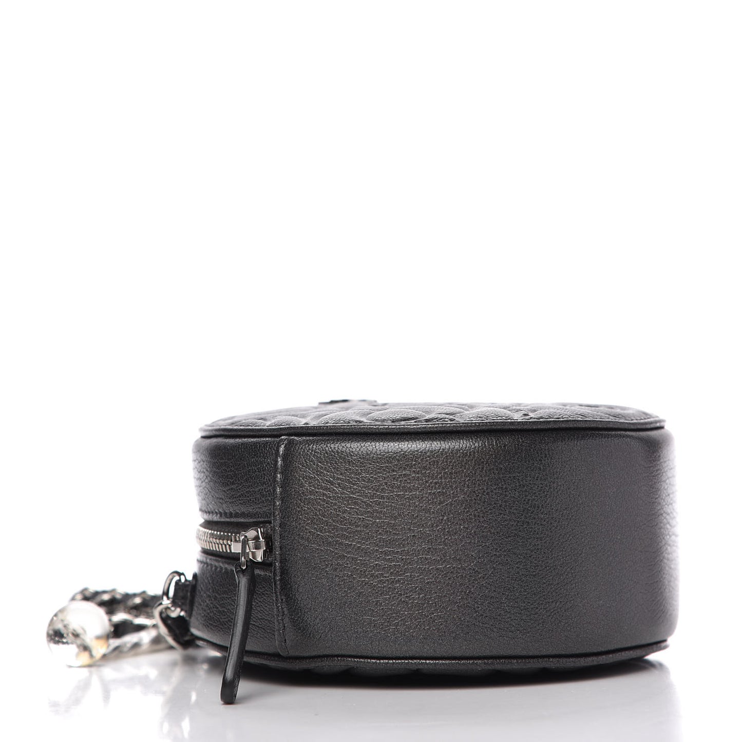 Goatskin Camellia Quilted Round Clutch With Chain Grey