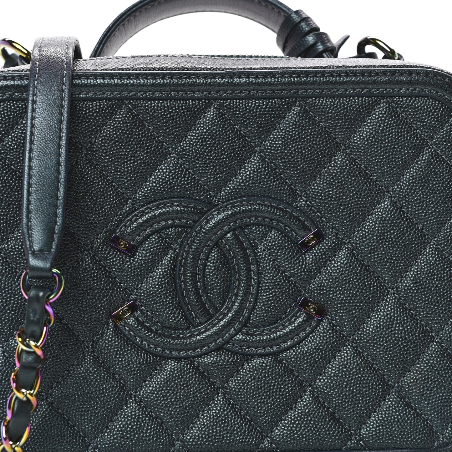 Iridescent Caviar Quilted Medium CC Filigree Vanity Case Dark Turquoise