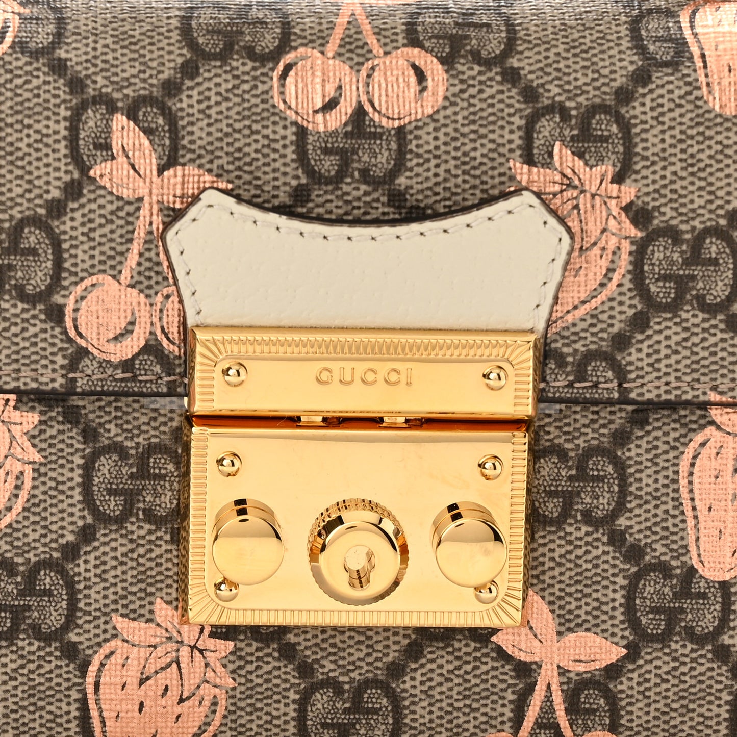 GG Supreme Monogram Berry Textured Dollar Calfskin Mini Padlock Top Handle Shoulder Bag Beige Ebony Light Copper Mystic White