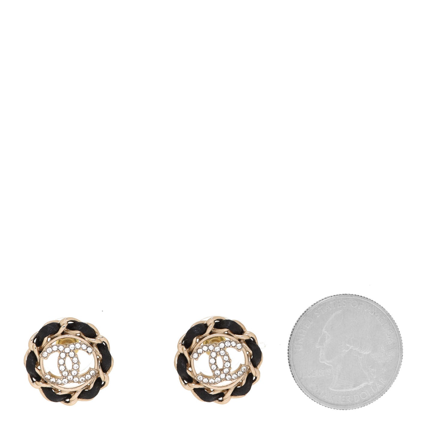 Crystal Lambskin Chain CC Stud Earrings Black Gold