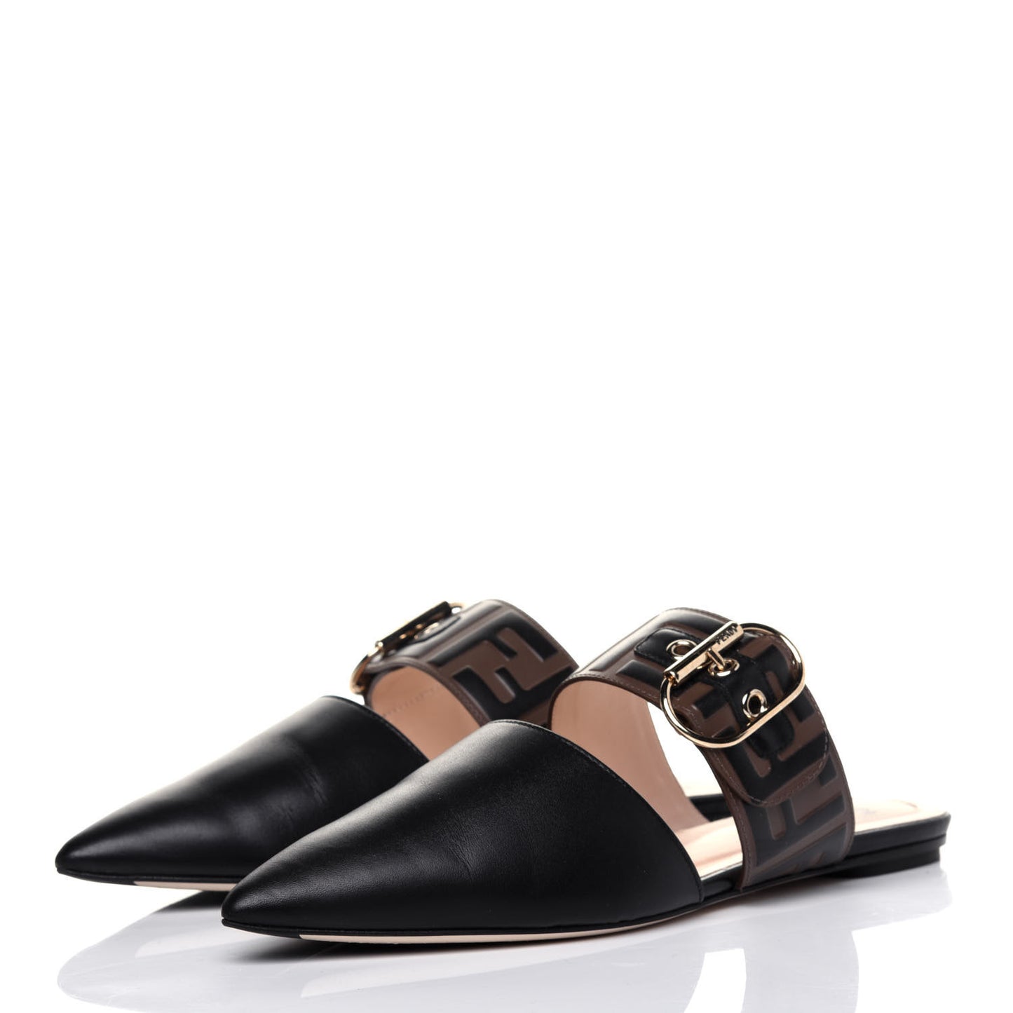 Vitello FF Embossed Buckle Flat Mules 36.5 Maya Black