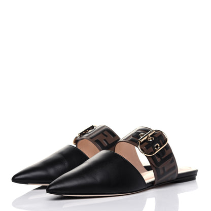 Fendi Vitello FF Embossed Buckle Flat Mules 36.5 Maya Black 3 of 13