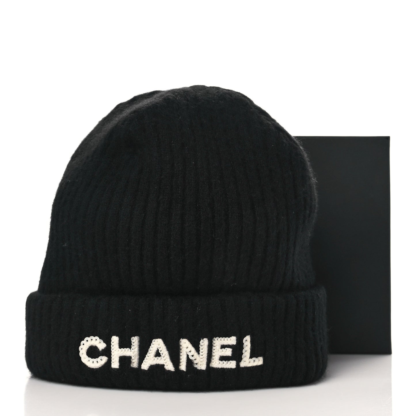 Cashmere Sequins Logo Beanie Hat Black