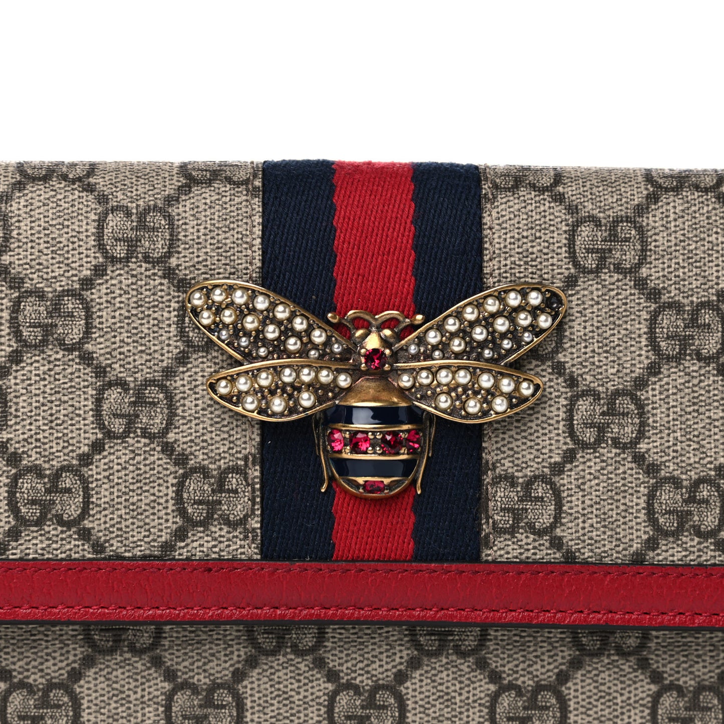 GG Supreme Monogram Web Queen Margaret Chain Wallet Red