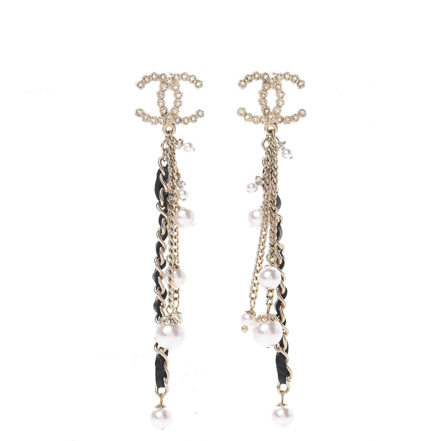 Pearl Crystal Lambskin Chain CC Dangle Earrings Gold