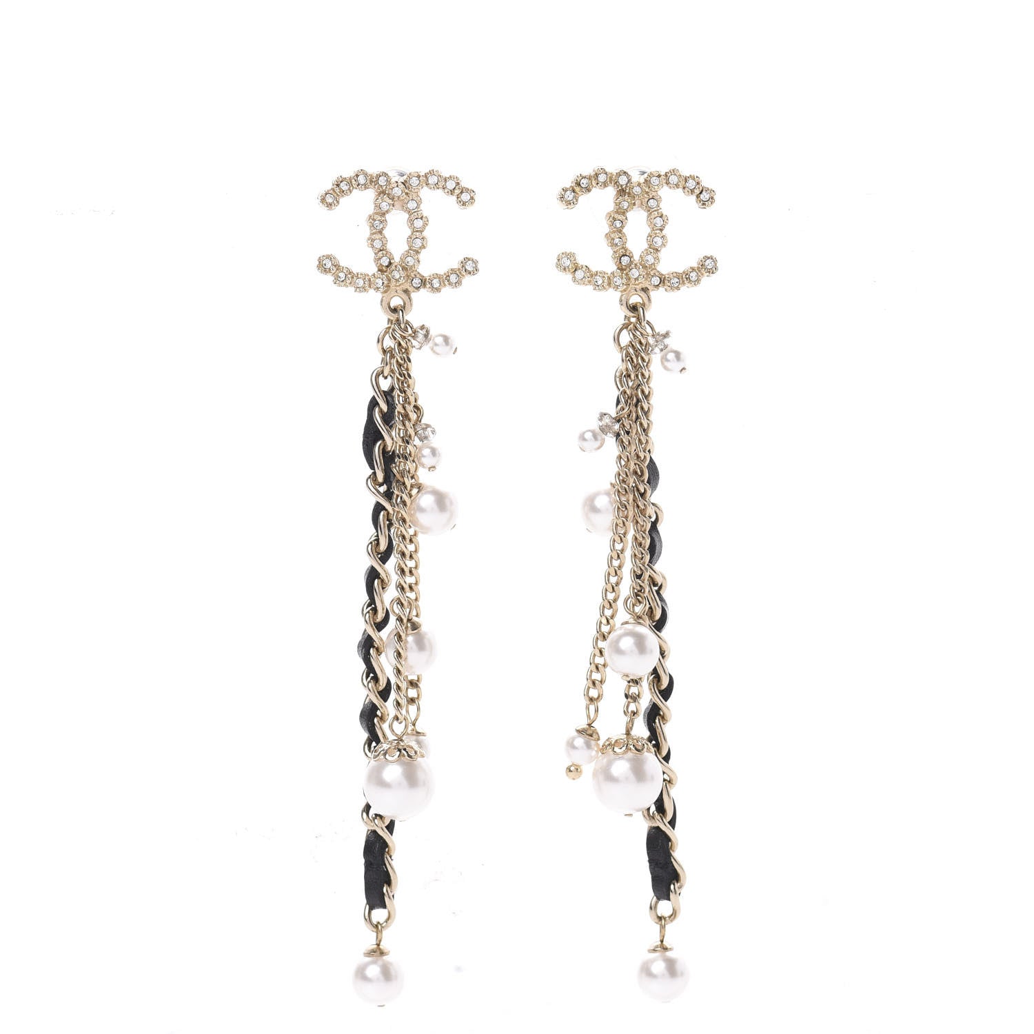 Chanel Pearl Crystal Lambskin Chain CC Dangle Earrings Gold 1 of 5