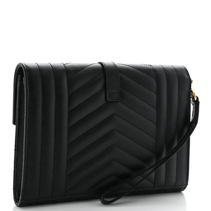 Saint Laurent Grain De Poudre Textured Mixed Matelasse Triquilt Monogram Clutch Black 4 of 11