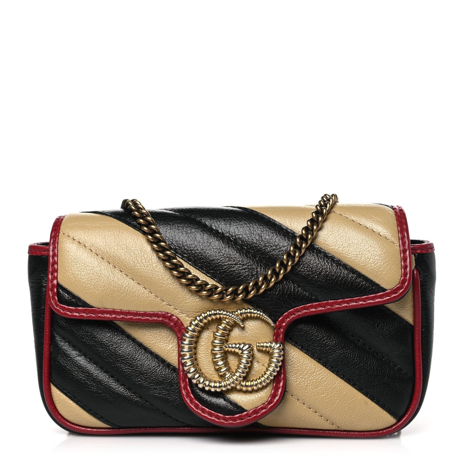 Gucci Vintage Effect Calfskin Matelasse Diagonal Striped Mini Torchon GG Marmont Shoulder Bag Black Beige 1 of 10