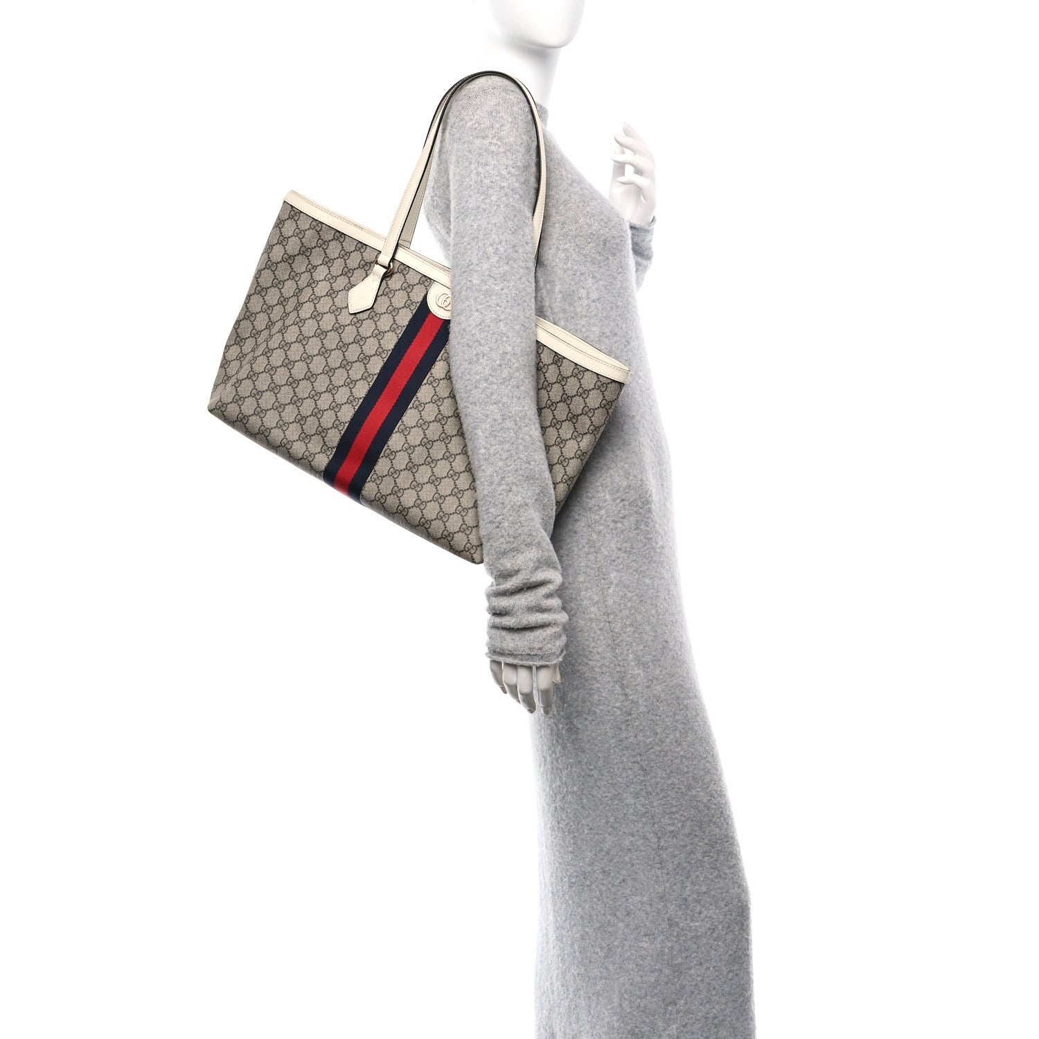 Gucci GG Supreme Monogram Textured Dollar Calfskin Web Medium Ophidia Shopping Tote Beige Ebony Mystic White 2 of 10