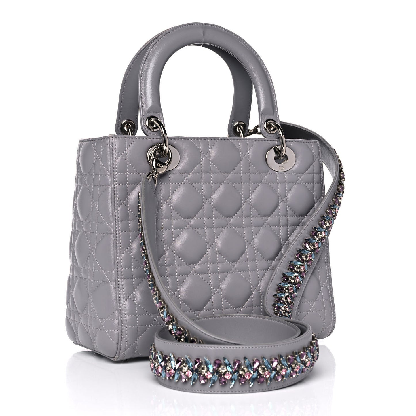 Lambskin Cannage Medium Lady Dior Crystal Strap Grey