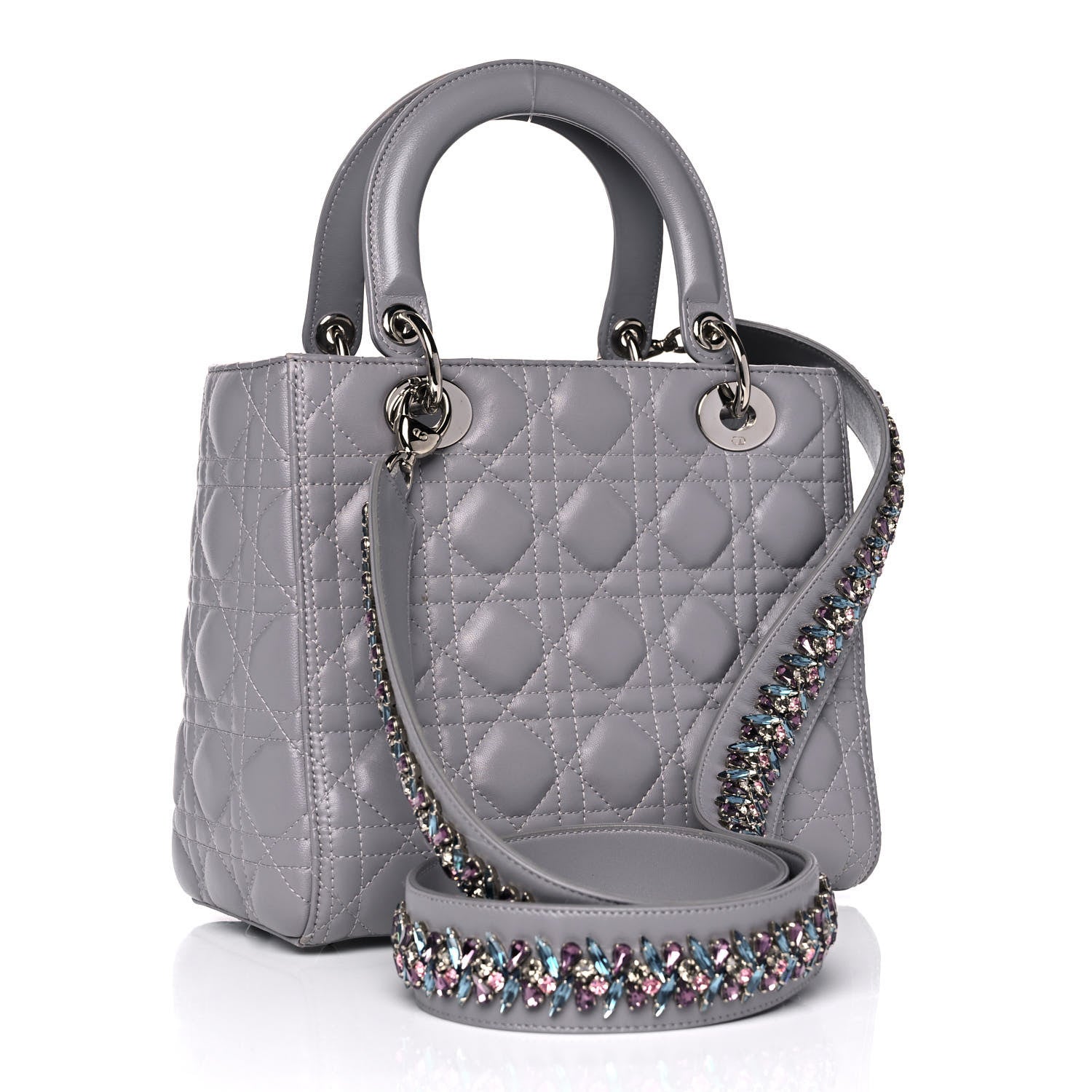 Christian Dior Lambskin Cannage Medium Lady Dior Crystal Strap Grey 3 of 16