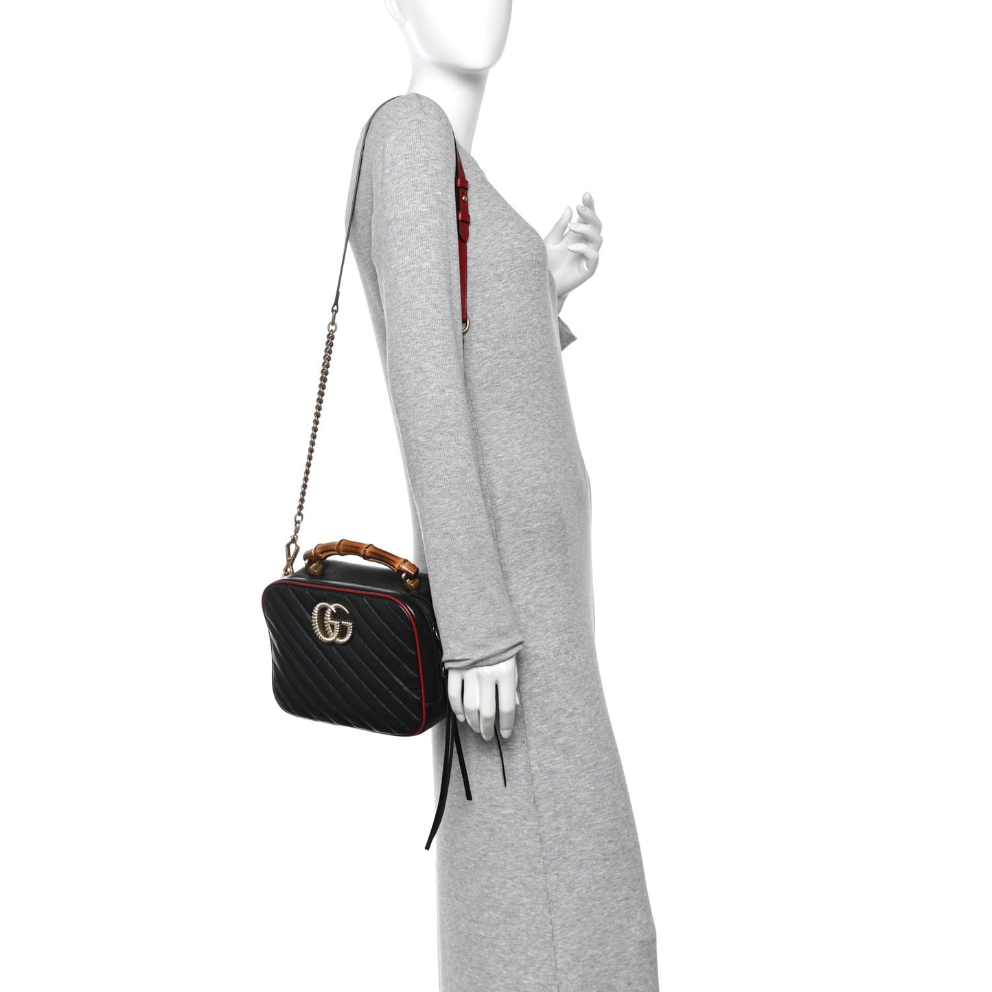 Vintage Effect Calfskin Matelasse Diagonal Small Torchon GG Marmont Bamboo Top Handle Shoulder Bag Black Romantic Cherry