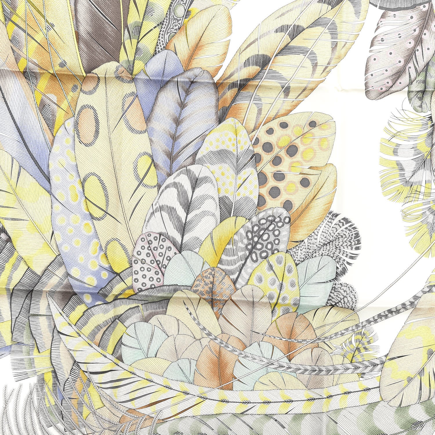 Hermes Silk Plumes En Fete Scarf 90 Blanc Jaune Mauve 4 of 5