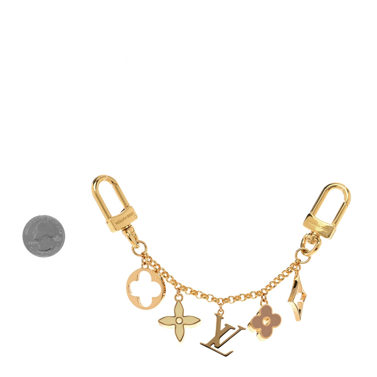 Brass Enamel Fleur De Monogram Bag Charm Chain Gold