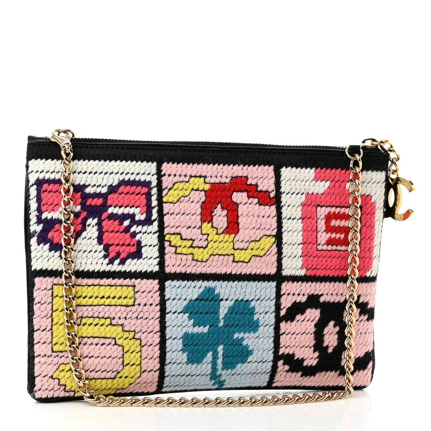 Needlepoint Precious Symbols Clutch Shoulder Bag Black