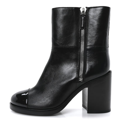 Chanel Calfskin Patent Quilted Cap Toe CC Boots 37 Black 1 of 8