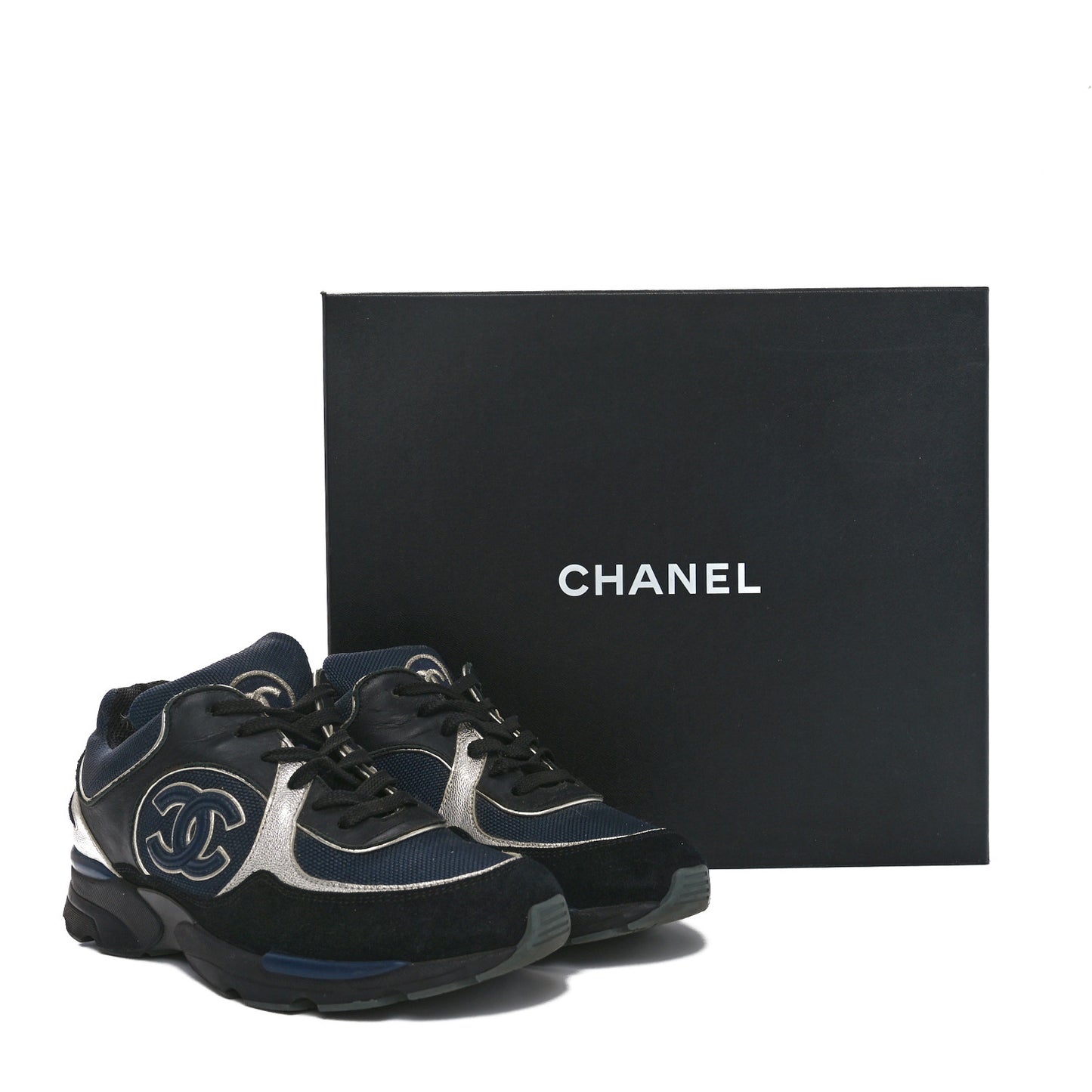 Mesh Suede Calfskin Womens CC Sneakers 36 Dark Blue Black Silver
