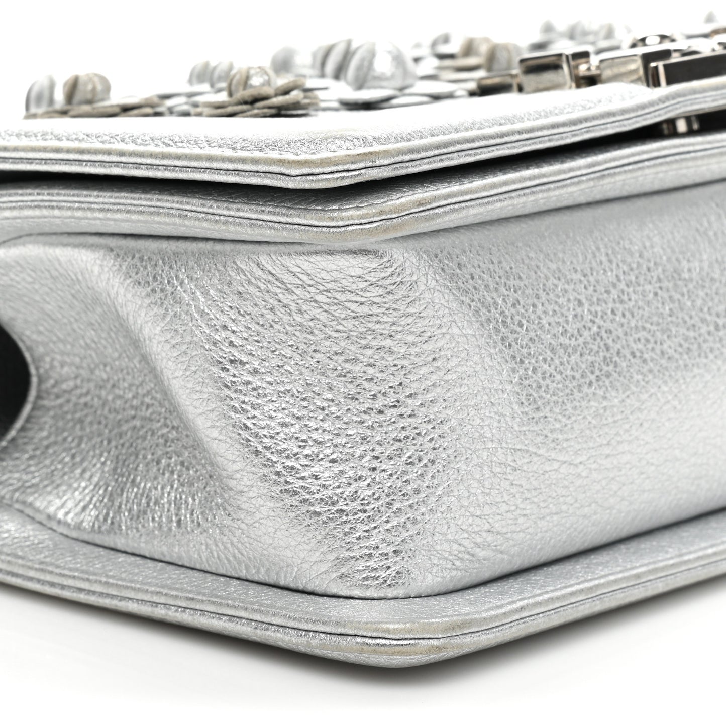 Metallic Calfskin Camellia Quilted Small Boy Flap Silver